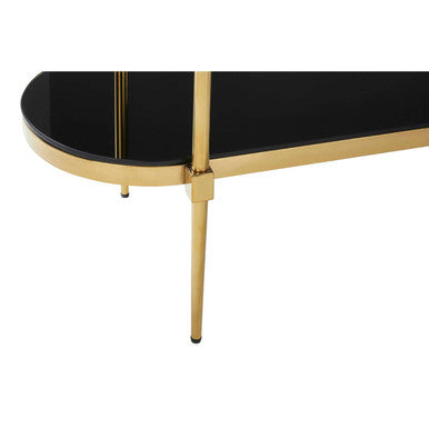 Gold Stainless Steel Frame 2-Tier Console Table with Double Black Tempered Glass Tiers, Arezzo