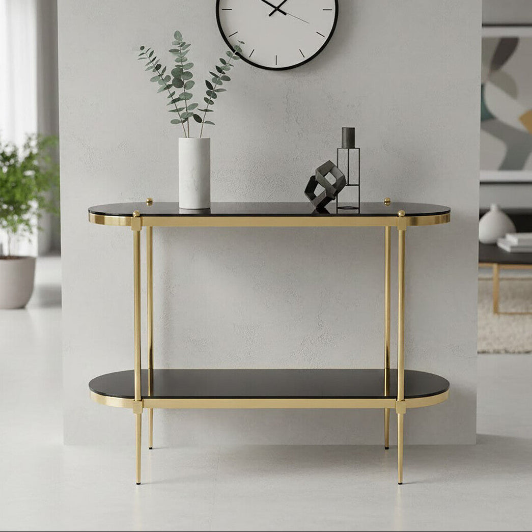 Gold Stainless Steel Frame 2-Tier Console Table with Double Black Tempered Glass Tiers, Arezzo