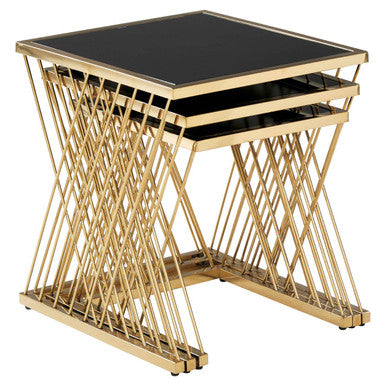 Set of 3 Gold Finish Stainless Steel Frame Nesting Tables with Black Glass Tops, Arezzo
