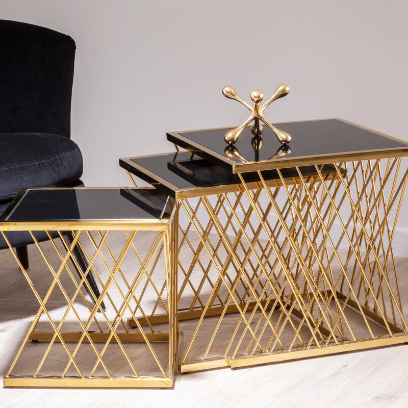 Set of 3 Gold Finish Stainless Steel Frame Nesting Tables with Black Glass Tops, Arezzo