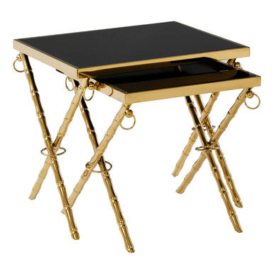 Set of 2 Gold Finish Stainless Steel Frame Nesting Tables with Black Glass Tops, Arezzo