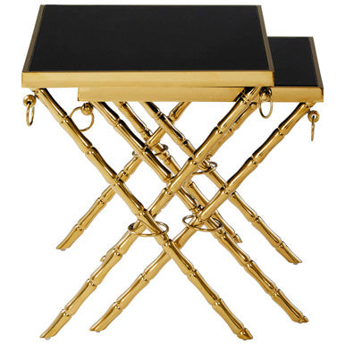 Set of 2 Gold Finish Stainless Steel Frame Nesting Tables with Black Glass Tops, Arezzo