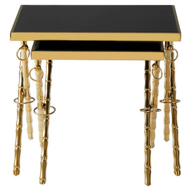 Set of 2 Gold Finish Stainless Steel Frame Nesting Tables with Black Glass Tops, Arezzo