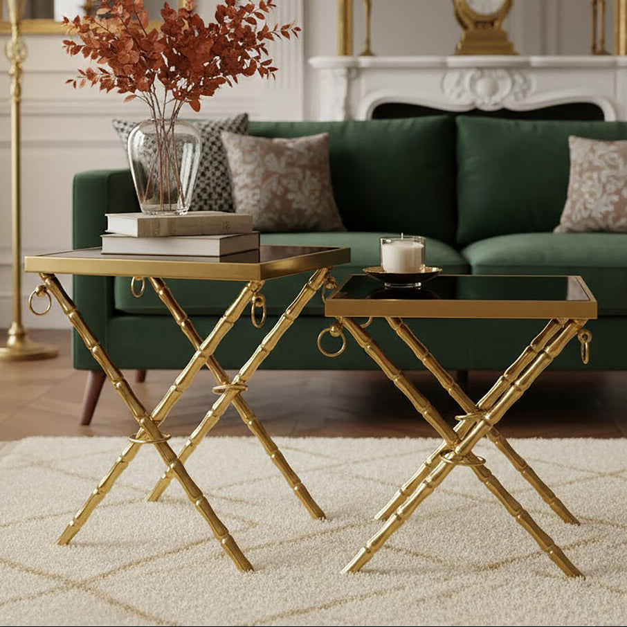 Set of 2 Gold Finish Stainless Steel Frame Nesting Tables with Black Glass Tops, Arezzo
