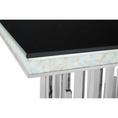 Rectangular Black Tempered Glass Top Dining Table with Silver Steel Frame, Eliza
