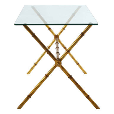 Distressed Gold Bamboo Style Console Table with Clear Tempered Glass Top, Monroe
