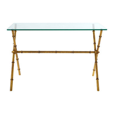 Distressed Gold Bamboo Style Console Table with Clear Tempered Glass Top, Monroe