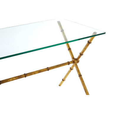 Distressed Gold Bamboo Style Console Table with Clear Tempered Glass Top, Monroe