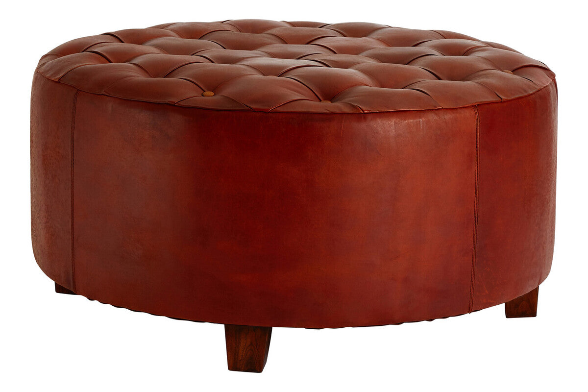 Inca Antique Brown Leather and Teak Wood Large Round Stool
