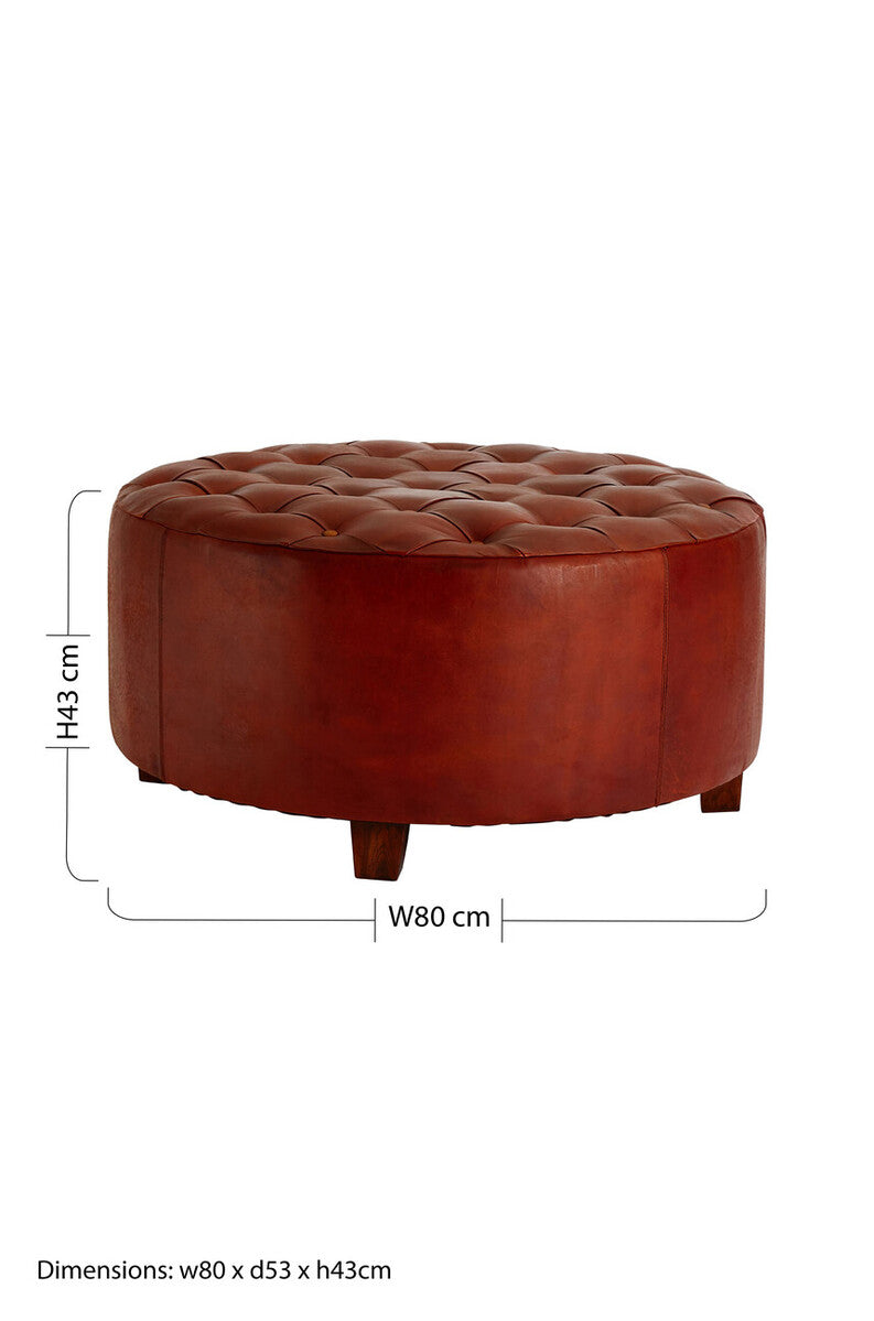 Inca Antique Brown Leather and Teak Wood Large Round Stool