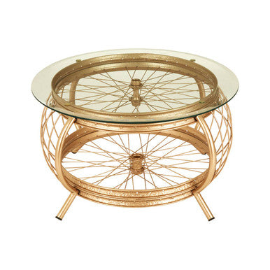 Clear Glass Top Coffee Table with Champagne Gold Finish Bamboo and Iron Frame, Mantis
