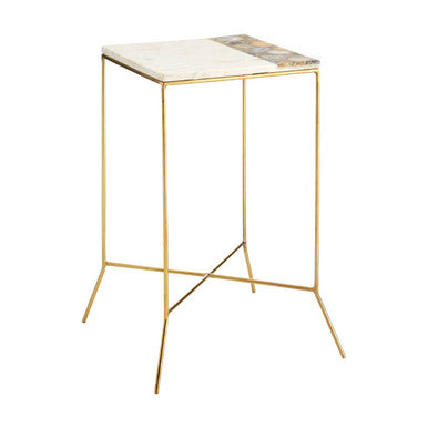 White Marble Top Square Side Table with Agate Inlay and Warm Brass Finish Iron Legs, Vizzini
