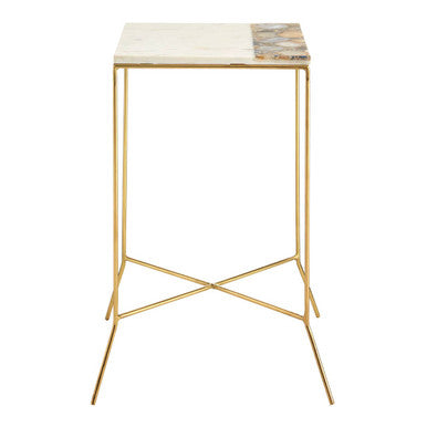 White Marble Top Square Side Table with Agate Inlay and Warm Brass Finish Iron Legs, Vizzini