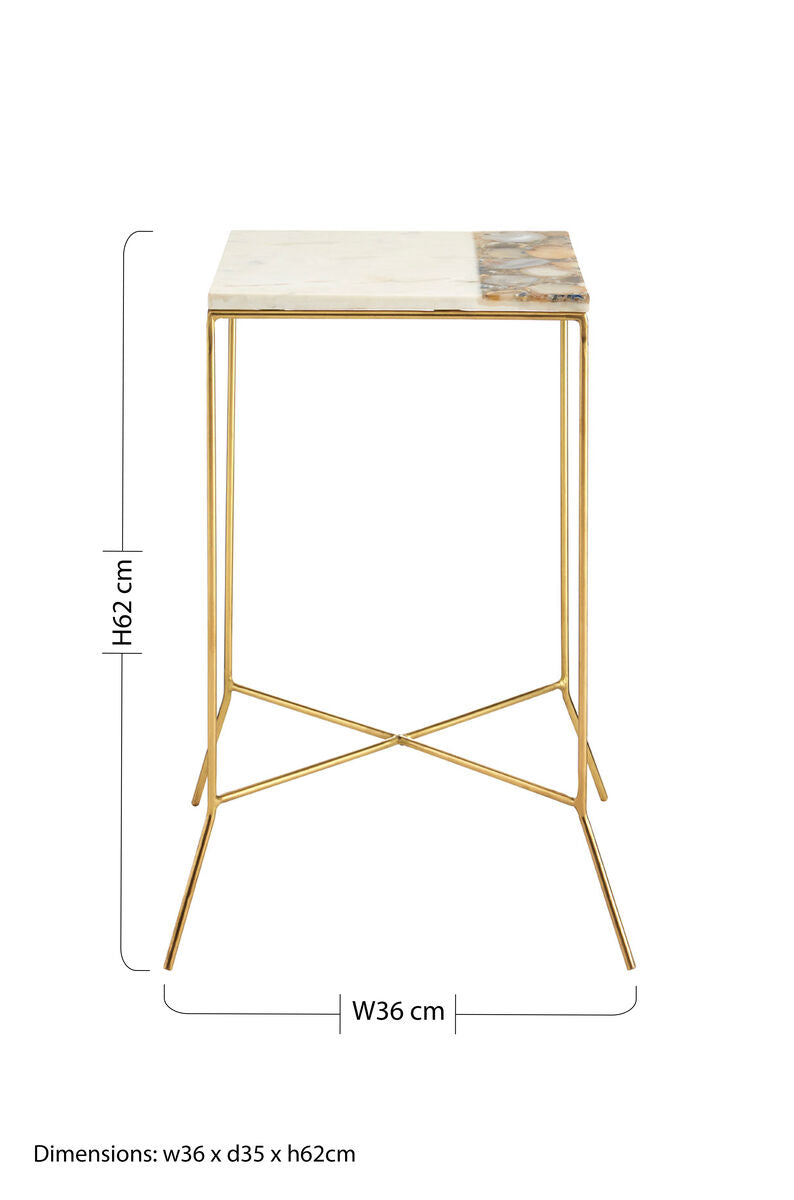 White Marble Top Square Side Table with Agate Inlay and Warm Brass Finish Iron Legs, Vizzini