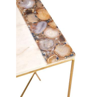 White Marble Top Square Side Table with Agate Inlay and Warm Brass Finish Iron Legs, Vizzini