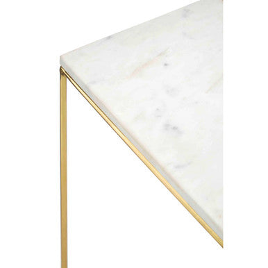 White Marble Top Square Side Table with Agate Inlay and Warm Brass Finish Iron Legs, Vizzini