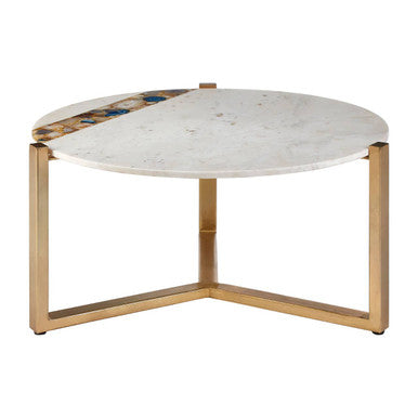 White Marble and Agate Top Round Coffee Table with Brass Iron Legs, Vizzini