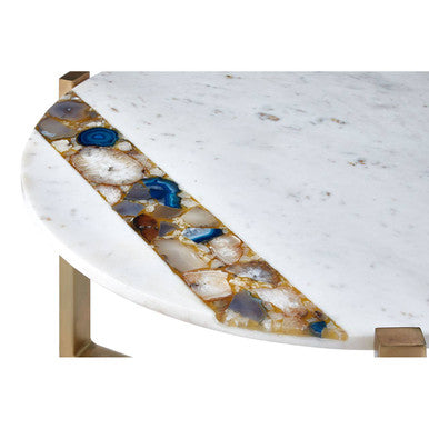 White Marble and Agate Top Round Coffee Table with Brass Iron Legs, Vizzini