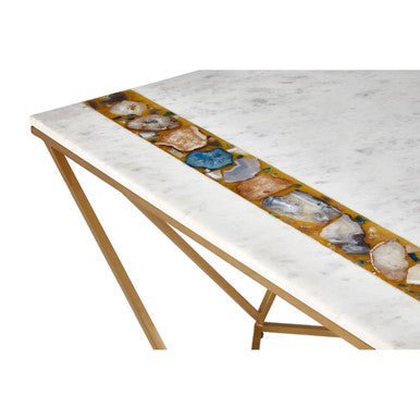 White Marble Top Square Coffee Table with Semi Precious Agate Stone Inlay, Vizzini
