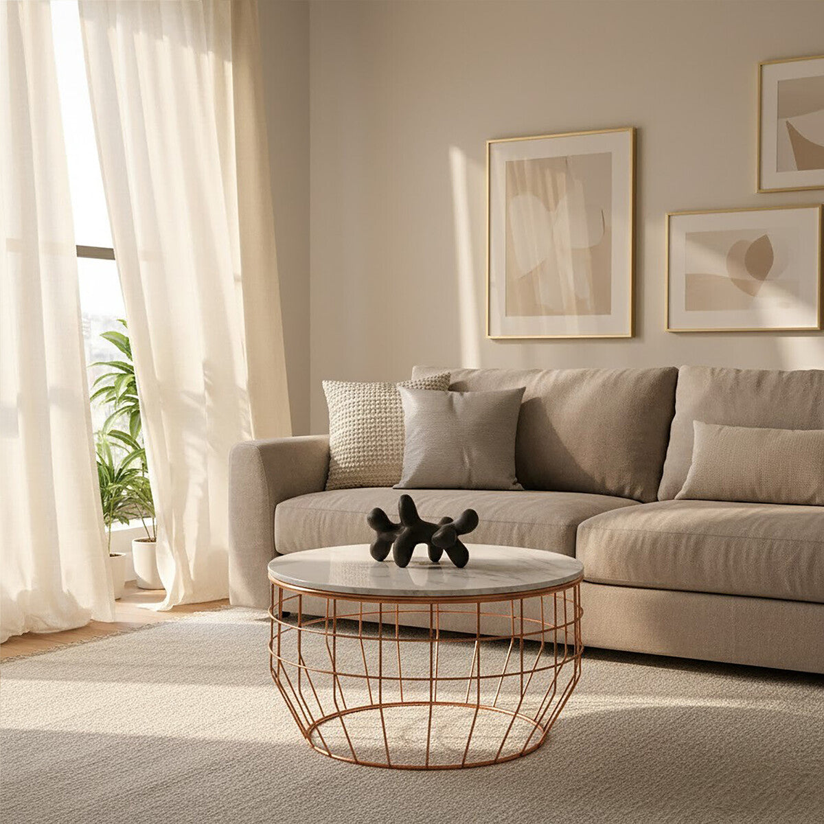 White Marble Top Coffee Table with Agate Inset and Copper Iron Wireframe Base, Vizzini