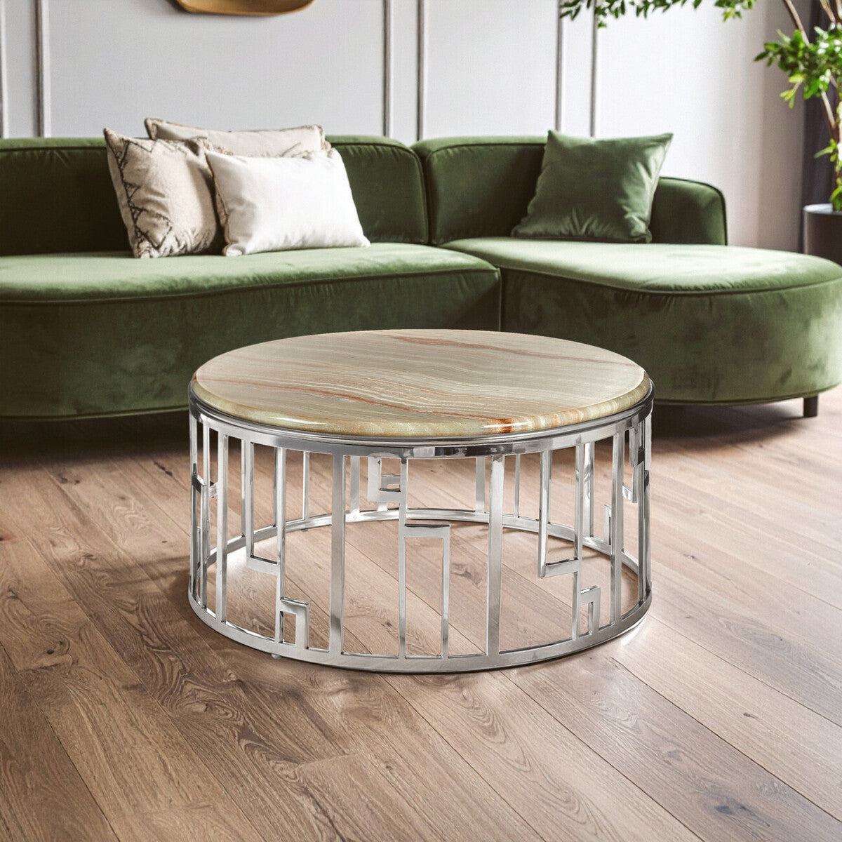 Natural Onyx Stone Top Coffee Table with Silver Stainless Steel Frame, Relic