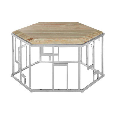 Natural Onyx Stone Top Hexagonal Coffee Table with Wavy Banding and Silver Stainless Steel Frame, Relic