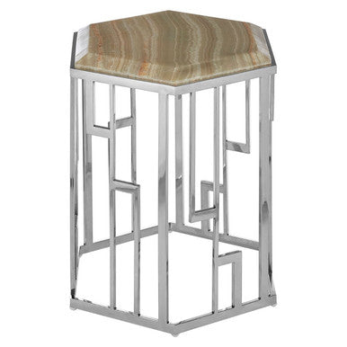 Natural Onyx Stone Top Hexagonal Side Table with Wavy Banding and Silver Stainless Steel Frame, Relic