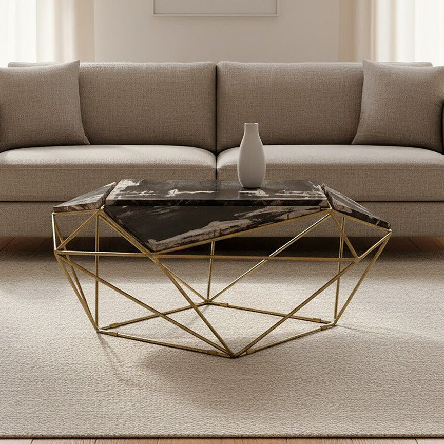 Rustic Dark Petrified Wood Coffee Table with Gold Brass Geometric Frame, Relic