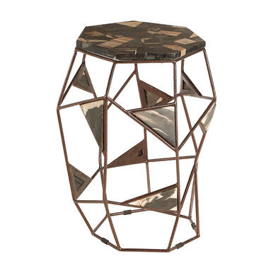 Dark Petrified Wood Top Side Table with Brass Finish Geometric Frame, Relic