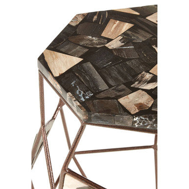 Dark Petrified Wood Top Side Table with Brass Finish Geometric Frame, Relic