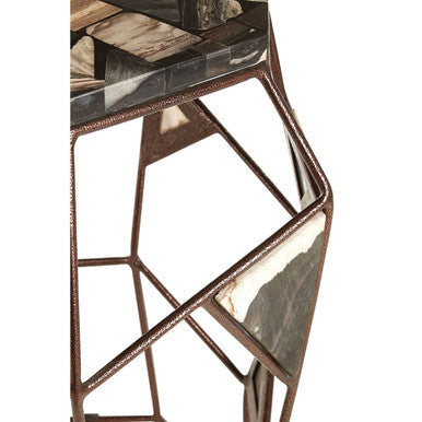 Dark Petrified Wood Top Side Table with Brass Finish Geometric Frame, Relic