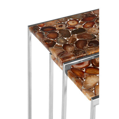 Nest of 2 Side Tables with Natural Agate Onyx Stone Tops and Black Iron Geometric Base, Relic