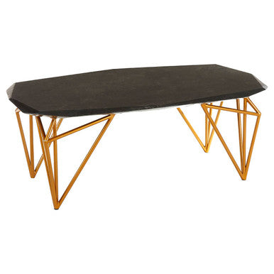 Black Marble Top Coffee Table with Gold Finish Iron Legs, Relic