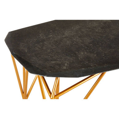 Black Marble Top Coffee Table with Gold Finish Iron Legs, Relic