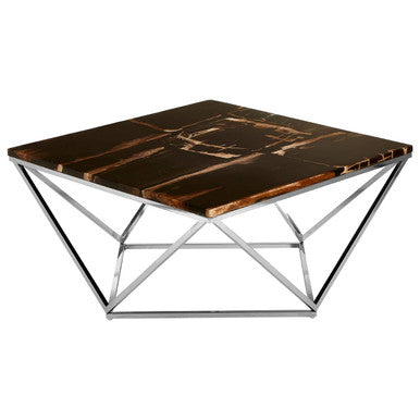 Dark Petrified Wood Top Coffee Table with Prominent Graining and Silver Stainless Steel Frame, Relic