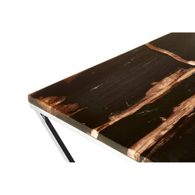 Dark Petrified Wood Top Coffee Table with Prominent Graining and Silver Stainless Steel Frame, Relic