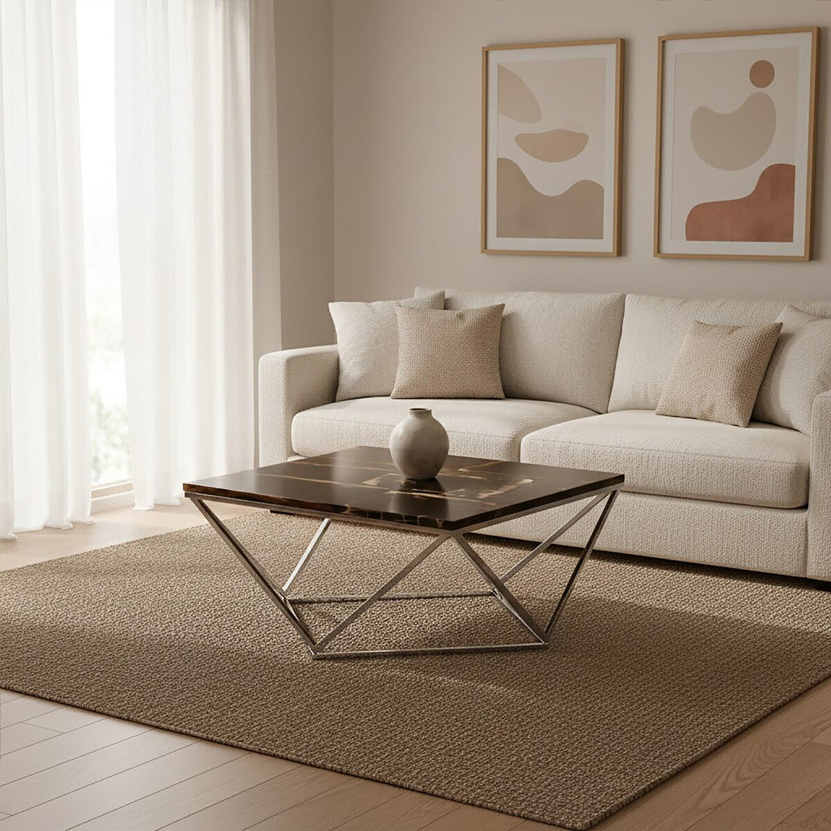 Dark Petrified Wood Top Coffee Table with Prominent Graining and Silver Stainless Steel Frame, Relic