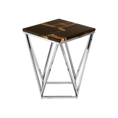 Dark Petrified Wood Side Table with Rustic Grained Top and Silver Stainless Steel Frame, Relic