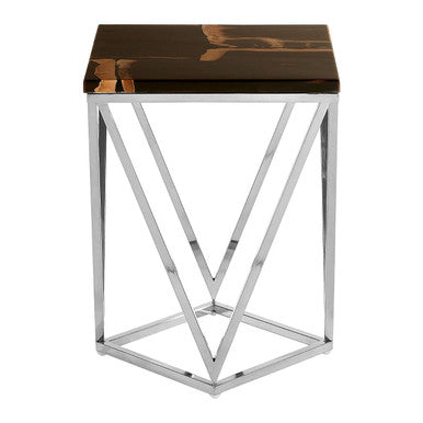 Dark Petrified Wood Side Table with Rustic Grained Top and Silver Stainless Steel Frame, Relic