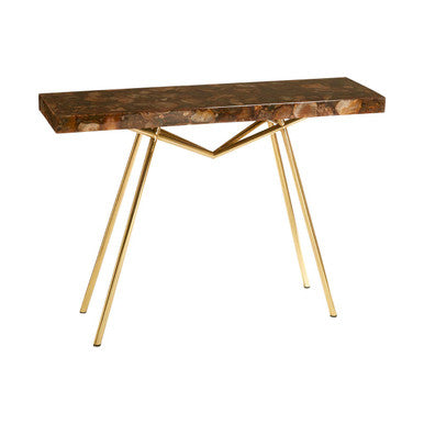 Natural Agate Console Table in Gold Warm Brass Tone Finish, Relic