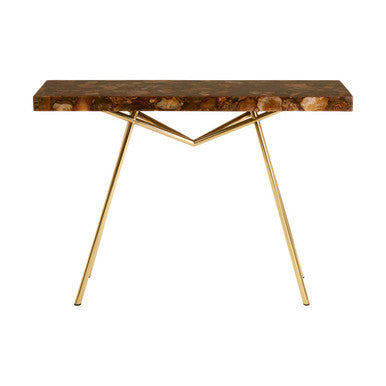 Natural Agate Console Table in Gold Warm Brass Tone Finish, Relic