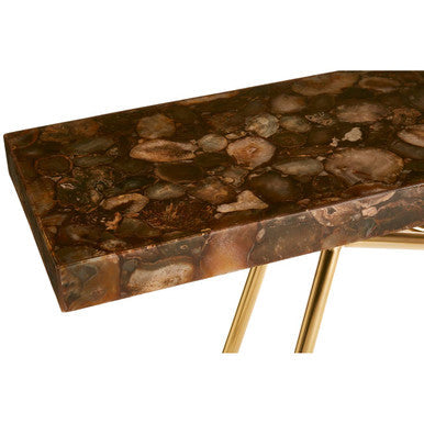 Natural Agate Console Table in Gold Warm Brass Tone Finish, Relic