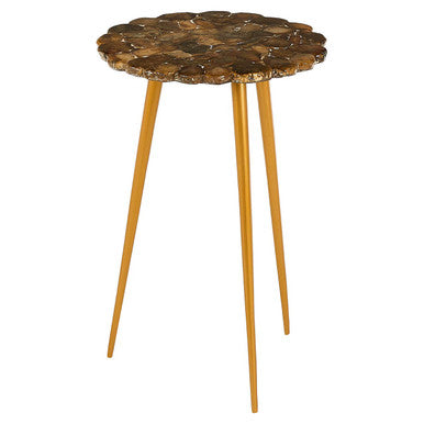 Natural Boho Patterned Agate Top Round Side Table Brass Finish Legs, Relic
