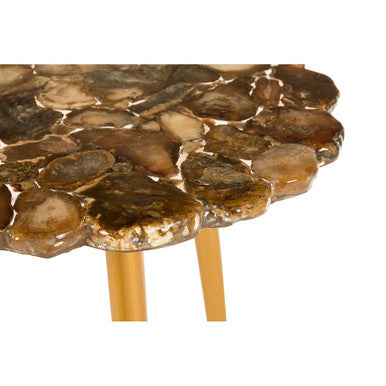 Natural Boho Patterned Agate Top Round Side Table Brass Finish Legs, Relic
