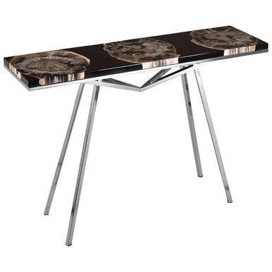 Black Resin and Wooden Console Table with Sleek Stainless Steel Silver Legs, Relic
