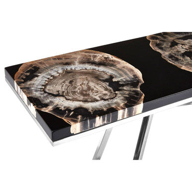 Black Resin and Wooden Console Table with Sleek Stainless Steel Silver Legs, Relic