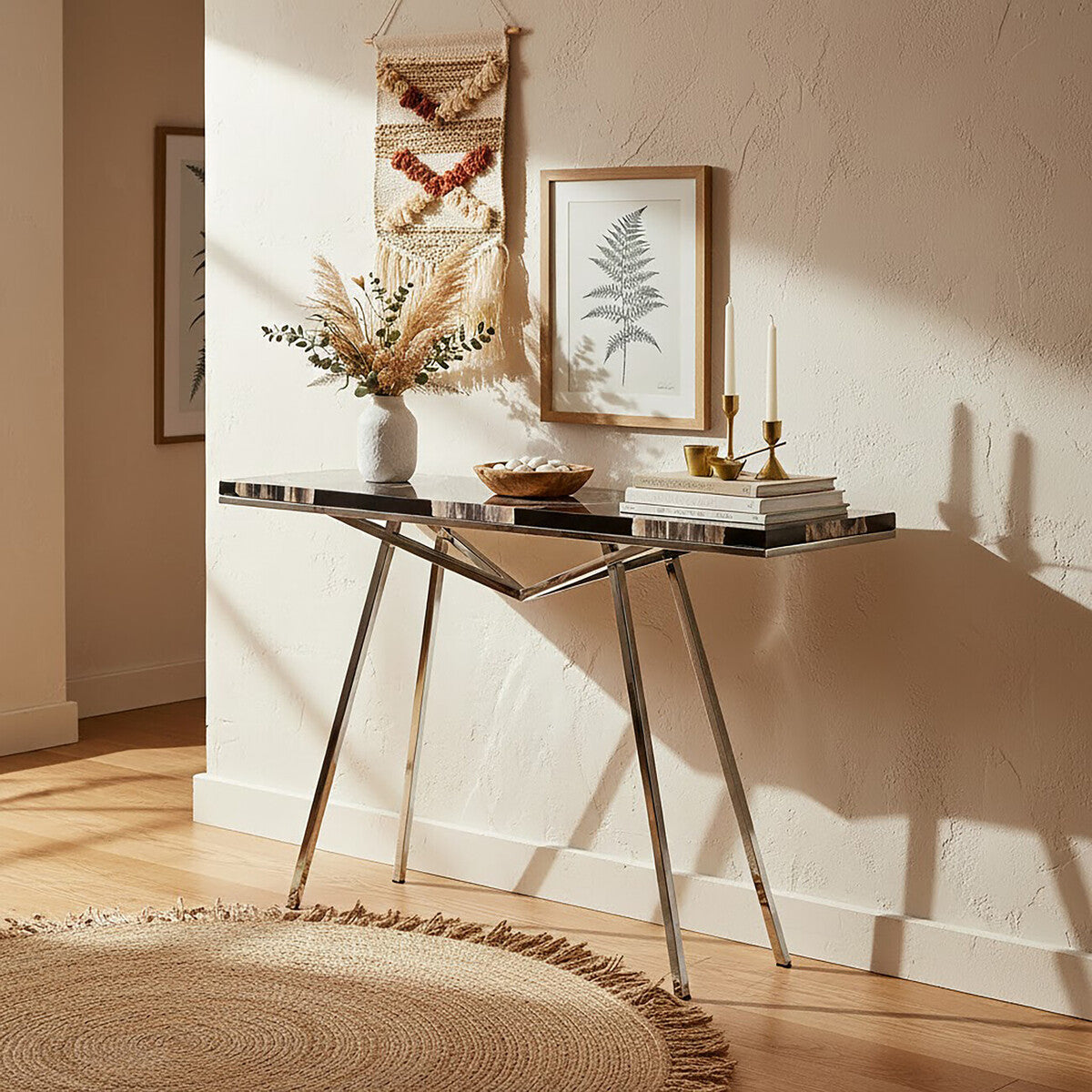 Black Resin and Wooden Console Table with Sleek Stainless Steel Silver Legs, Relic