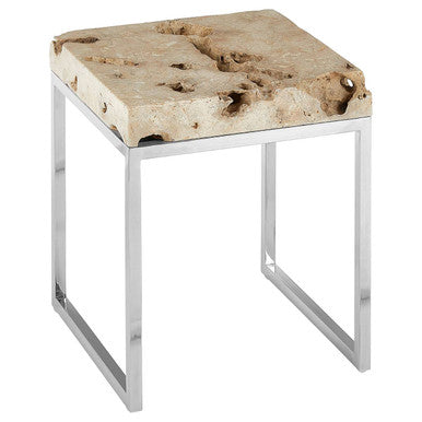 Cheese Stone Round Side Table Rustic Charm Silver Slim Legs, Relic