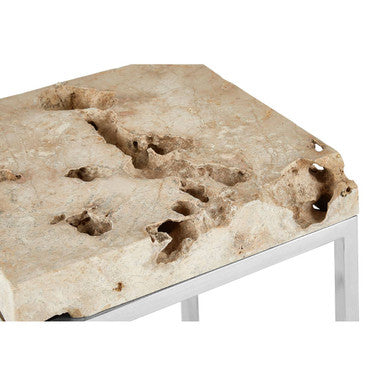 Cheese Stone Round Side Table Rustic Charm Silver Slim Legs, Relic