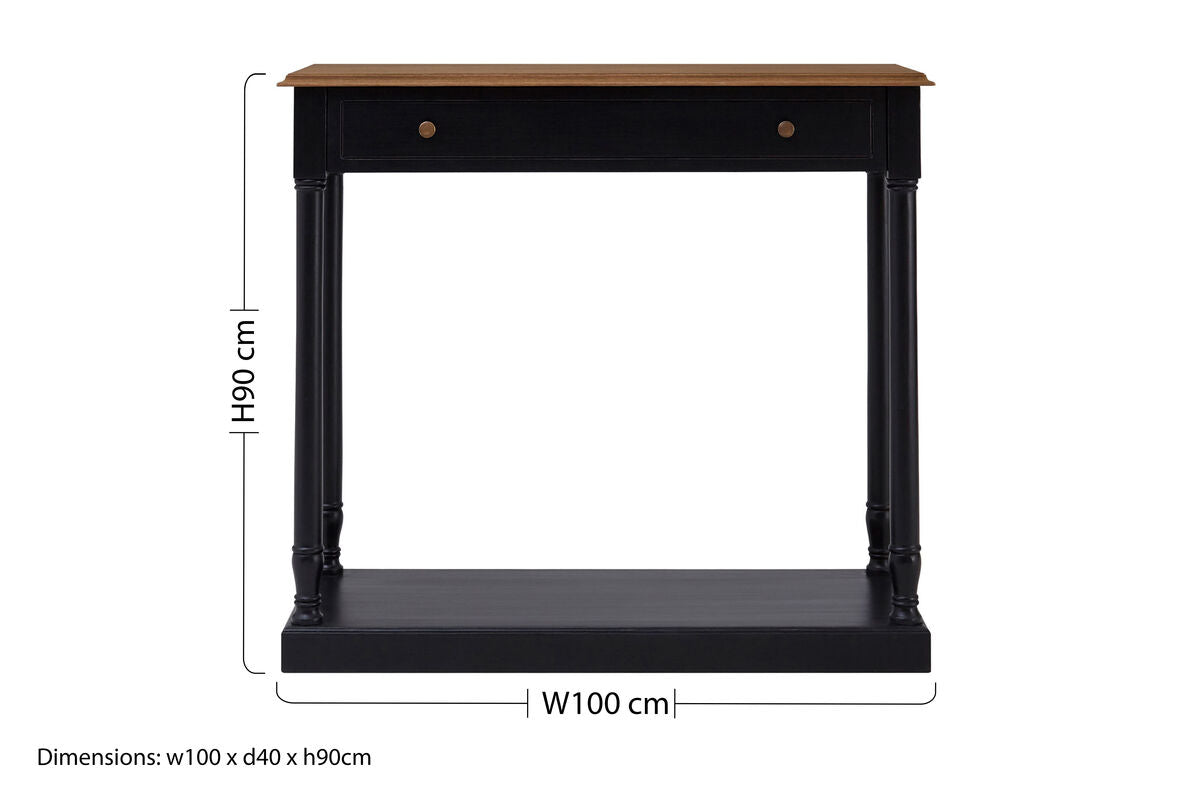 Natural Wooden Top and Black Bayur Wood 1-Drawer Console Table with Brass Handles, Loire